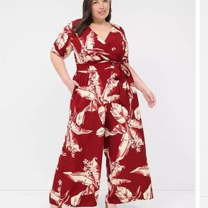 Lane Bryant Lena Short-Sleeve Surplice Jumpsuit - Red, Maroon, Palm Leaves